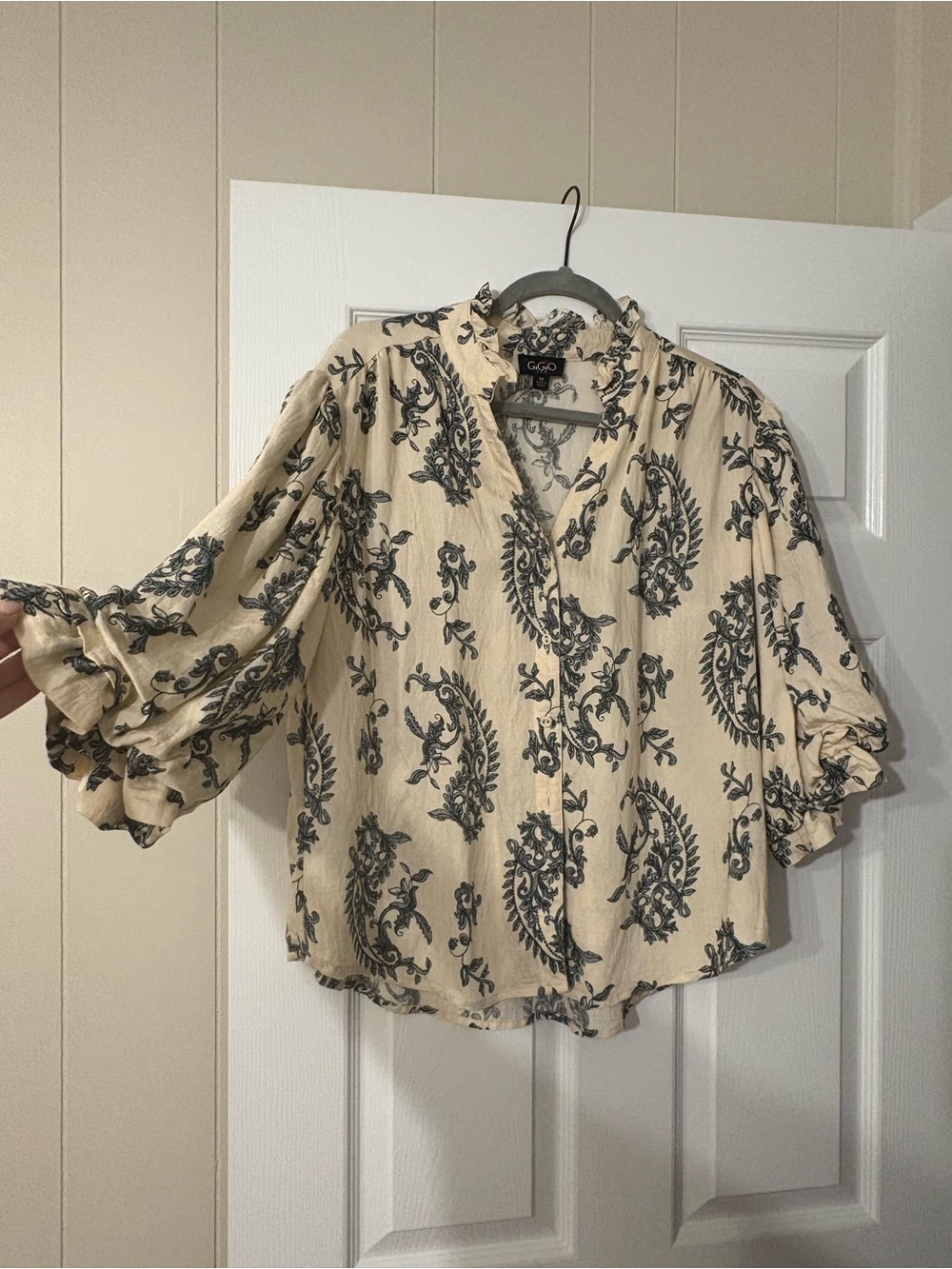 Cream Paisley Button-Down Ruffle Blouse - Picture 2 of 7